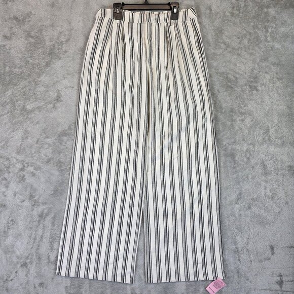 PrettyLittleThing Pants Womens US 4 White Black Stripe Tailored Wide Leg Linen - Picture 1 of 11